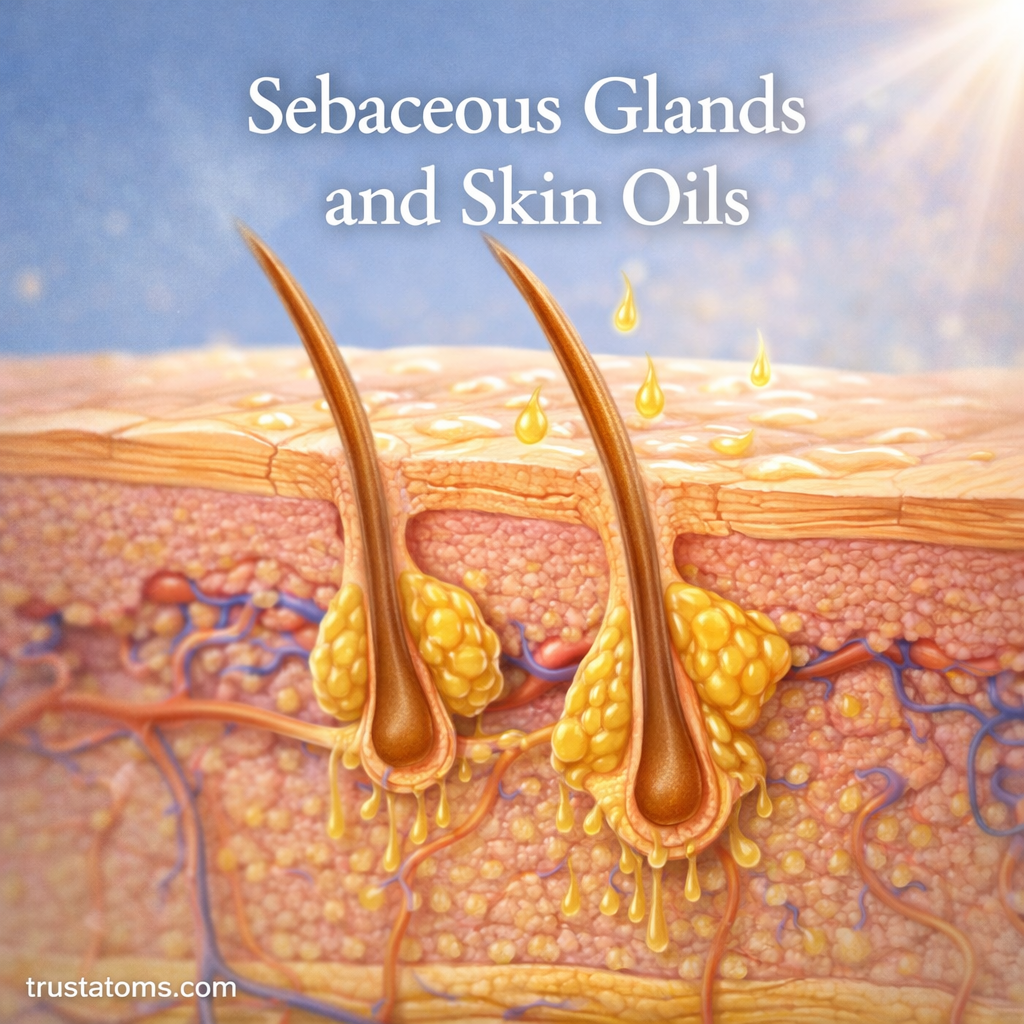 Illustration of sebaceous glands connected to hair follicles releasing sebum onto the skin surface.