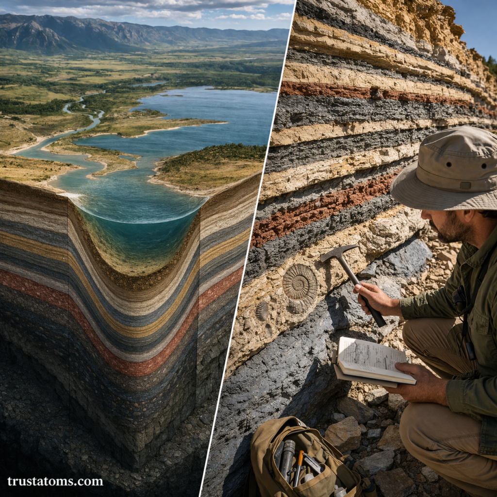Split illustration showing a sedimentary basin cross-section with layered deposits on one side and a geologist examining stratified rock layers on the other.