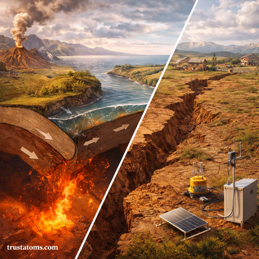 Split illustration showing tectonic plate movement causing earthquakes and surface damage from seismic intensity effects.