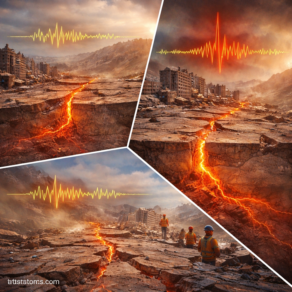 Split diagram showing stages of a seismic sequence including foreshocks, mainshock, and aftershocks with ground cracking and seismic waves.
