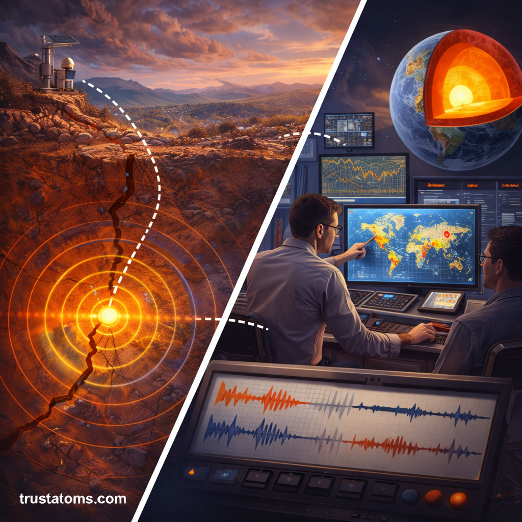Split illustration showing seismic waves traveling from an earthquake epicenter and scientists analyzing wave data in a monitoring center.