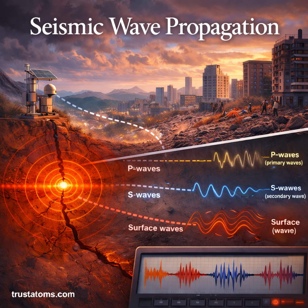Illustration showing seismic wave propagation with P-waves, S-waves, and surface waves traveling from an earthquake epicenter.