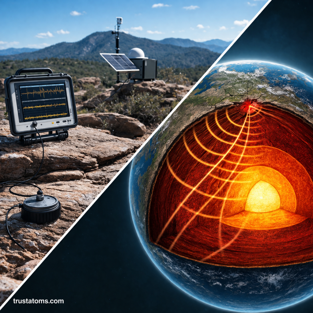 Split illustration showing a seismograph recording earthquake waves and a cross-section of Earth with seismic wave paths.