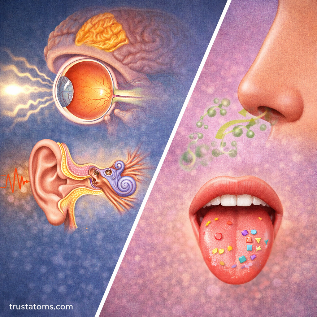 Split illustration showing vision and hearing on one side and taste and smell on the other in human sensory systems.
