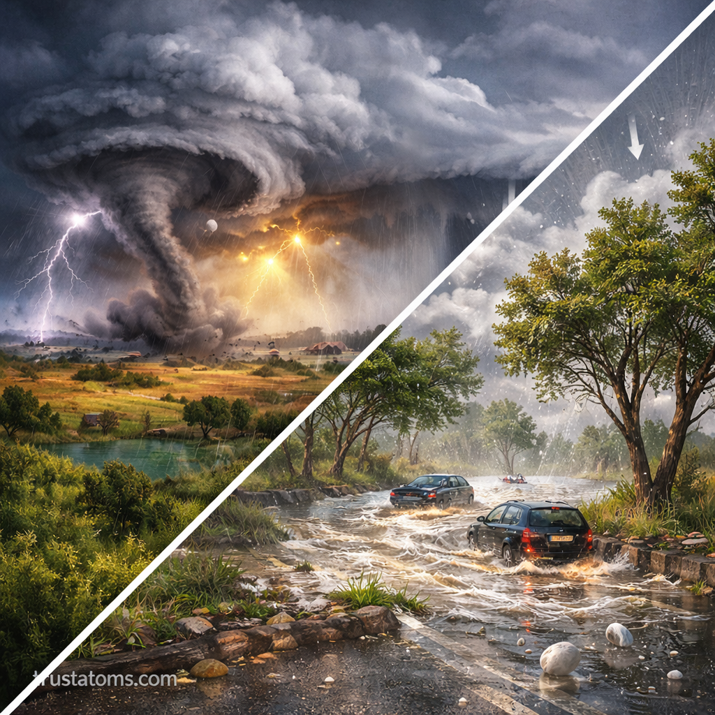 Split illustration of severe thunderstorm impacts showing tornado and lightning on one side and flash flooding with hail on the other.