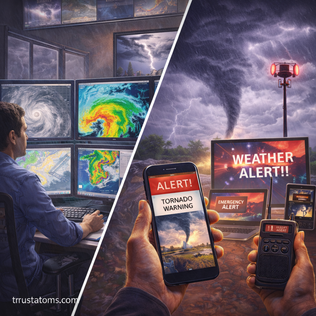 Split illustration showing meteorologist monitoring storm data on one side and emergency weather alerts on devices during a tornado on the other.
