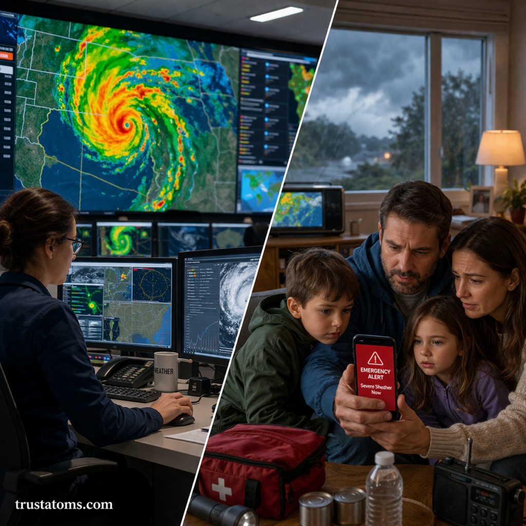 Split illustration showing meteorologist monitoring storm data and a family receiving a severe weather alert at home.