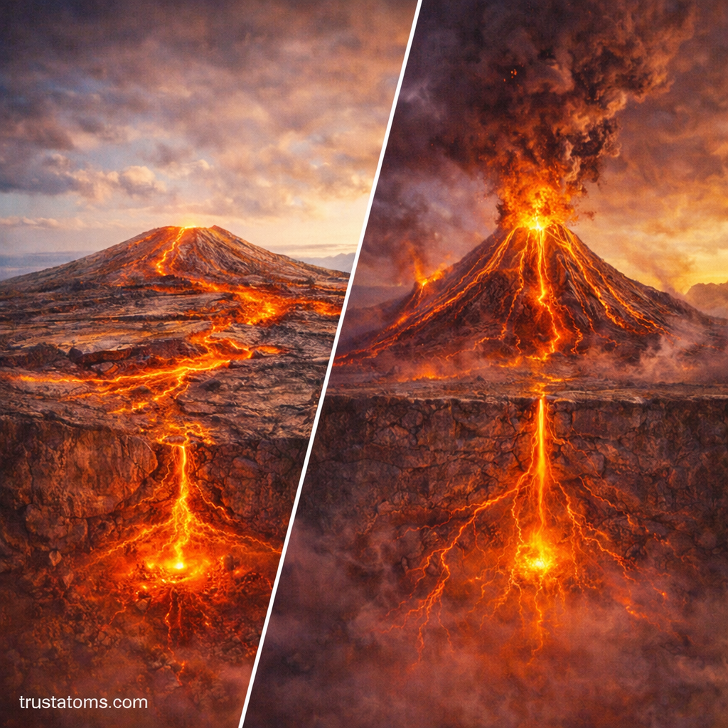 Split illustration showing a shield volcano with gentle lava flow and a composite volcano with explosive eruption and ash cloud.