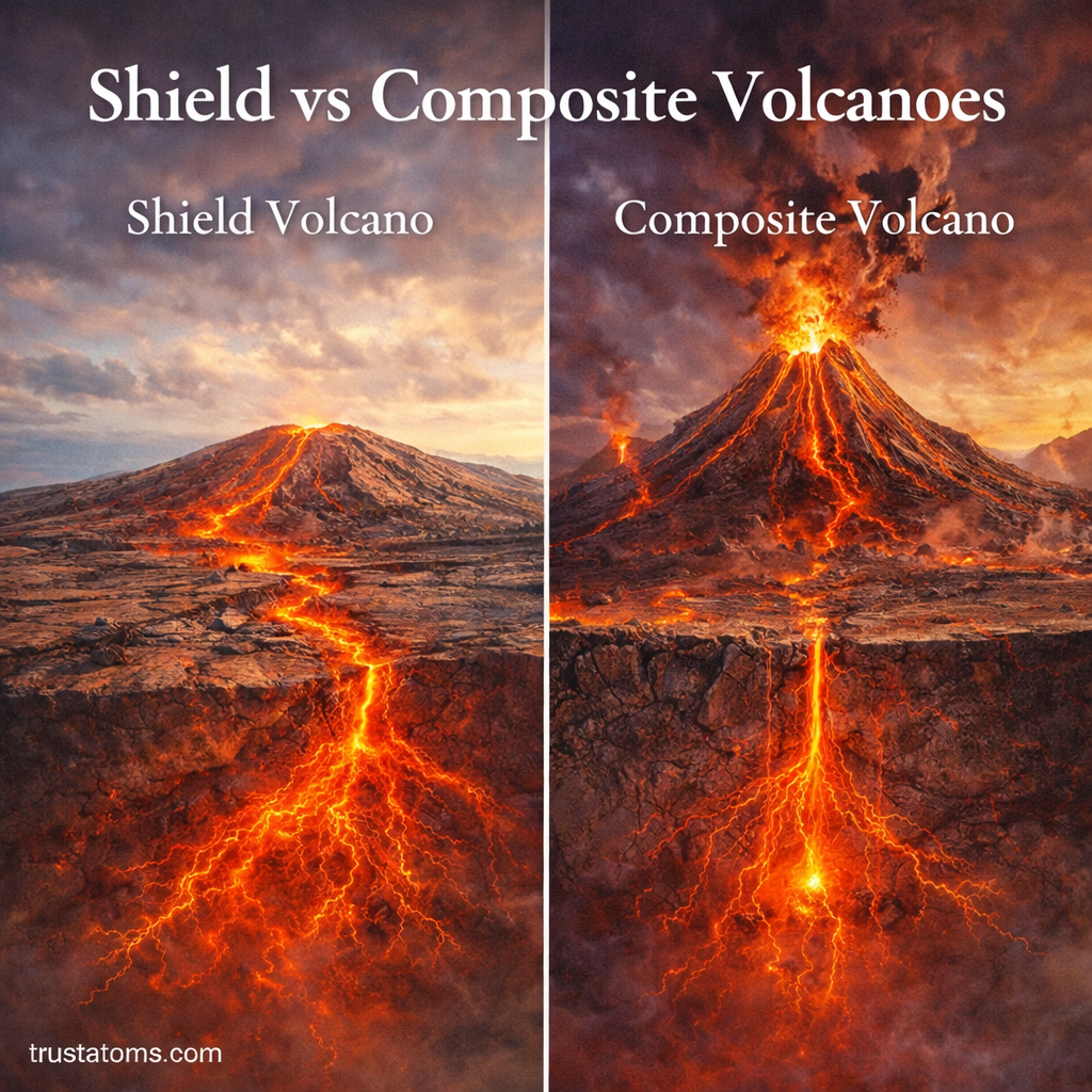Split illustration comparing shield volcano and composite volcano with different shapes, eruption styles, and magma movement.