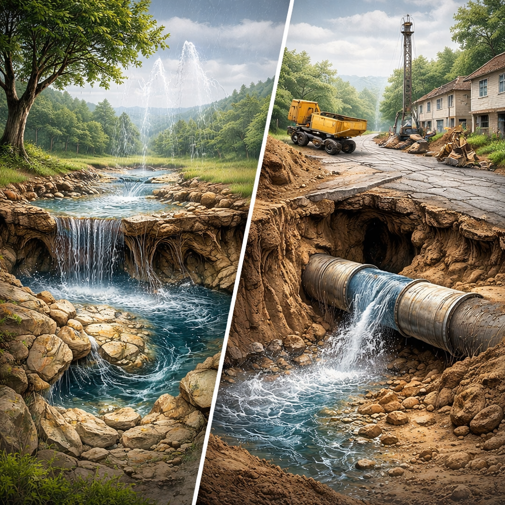 Split illustration showing natural sinkhole formation from groundwater erosion on one side and human-caused ground collapse from a broken pipe and construction on the other.