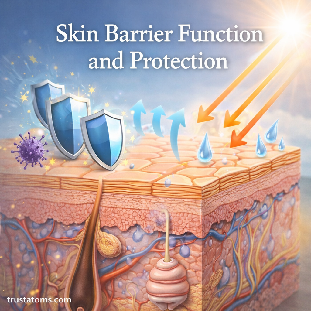 Illustration of skin barrier function showing epidermis layers protecting against UV rays, bacteria, and water loss.