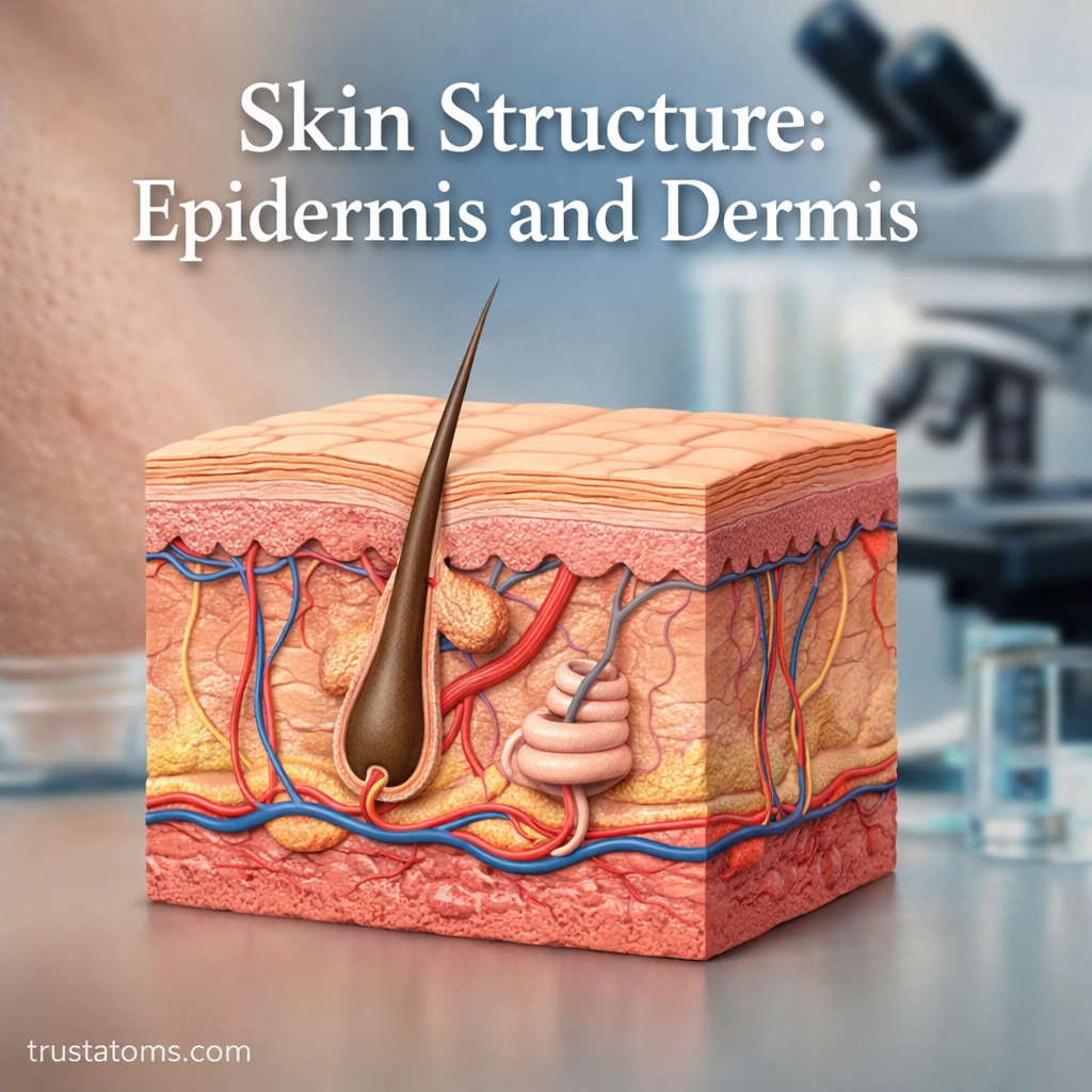 Cross-sectional illustration of human skin showing the epidermis and dermis layers with hair follicle, glands, and blood vessels.