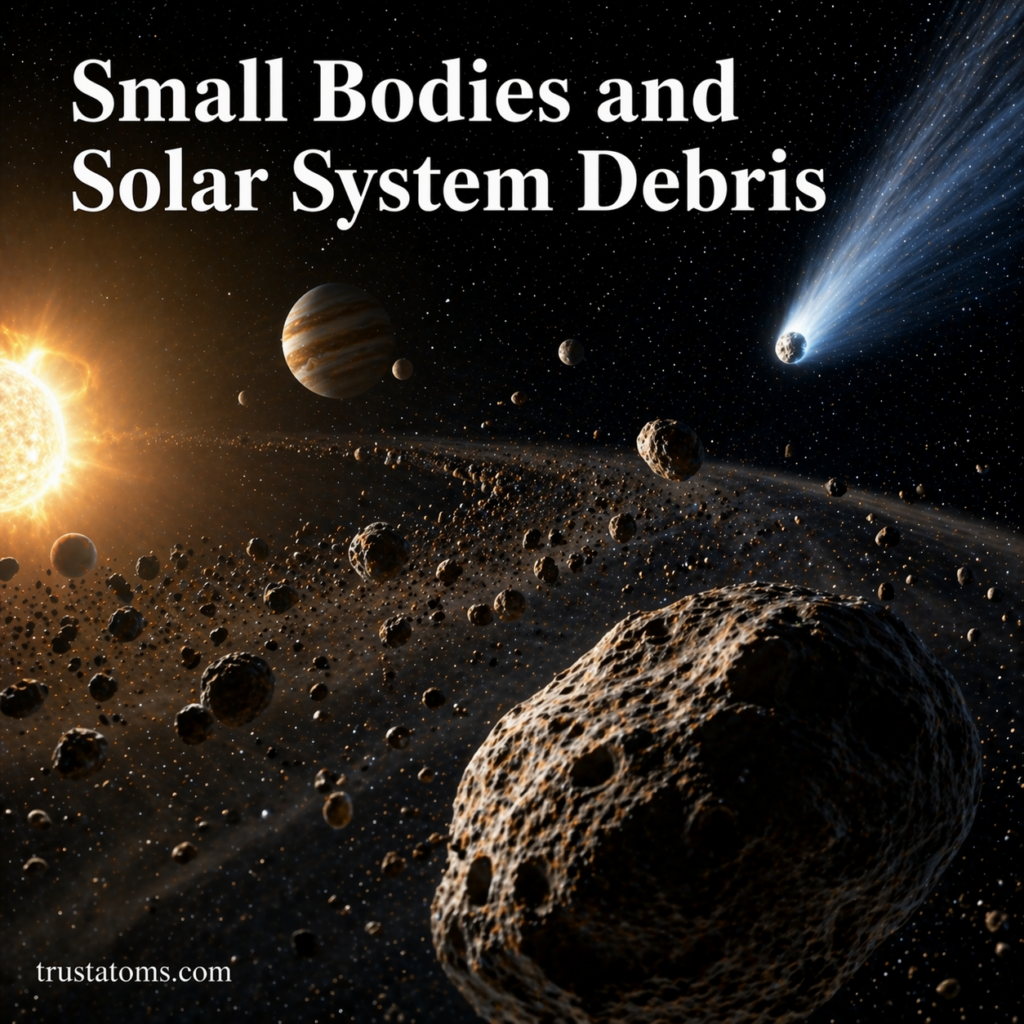 Illustration of asteroids and comets in the solar system showing small bodies and debris orbiting the Sun.