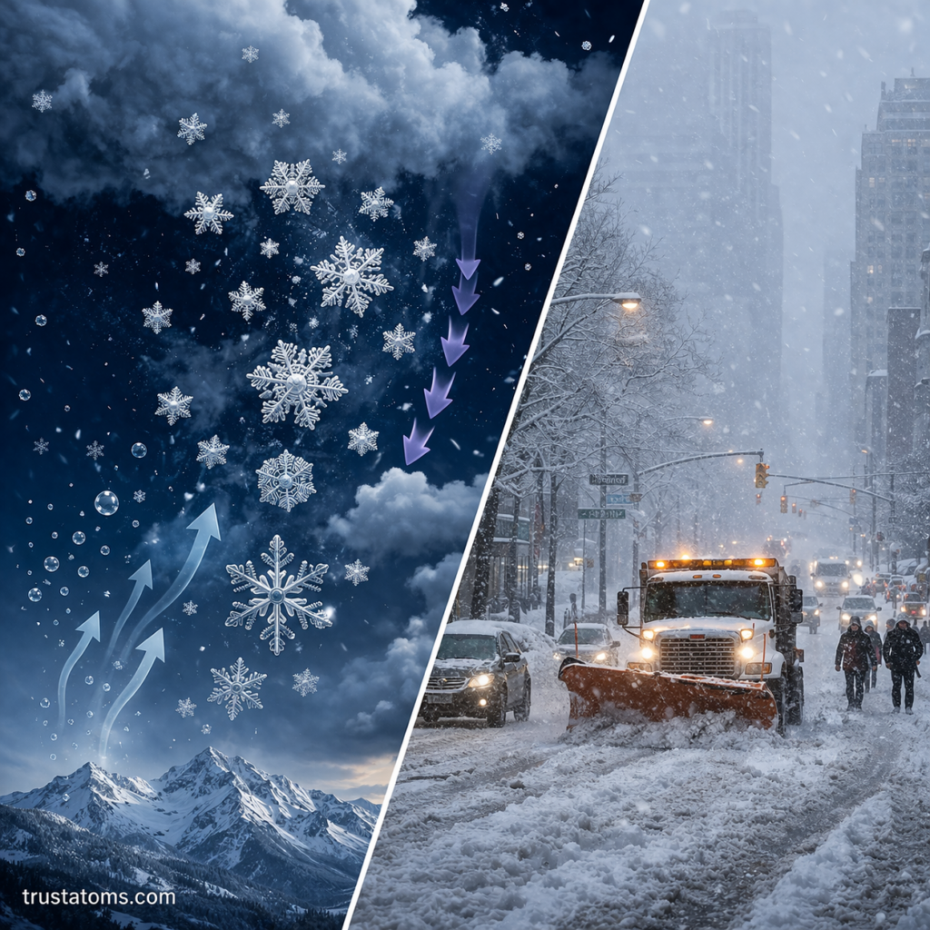 Split illustration showing snowflake formation in clouds versus a winter storm impacting a city with heavy snowfall and snowplow activity.