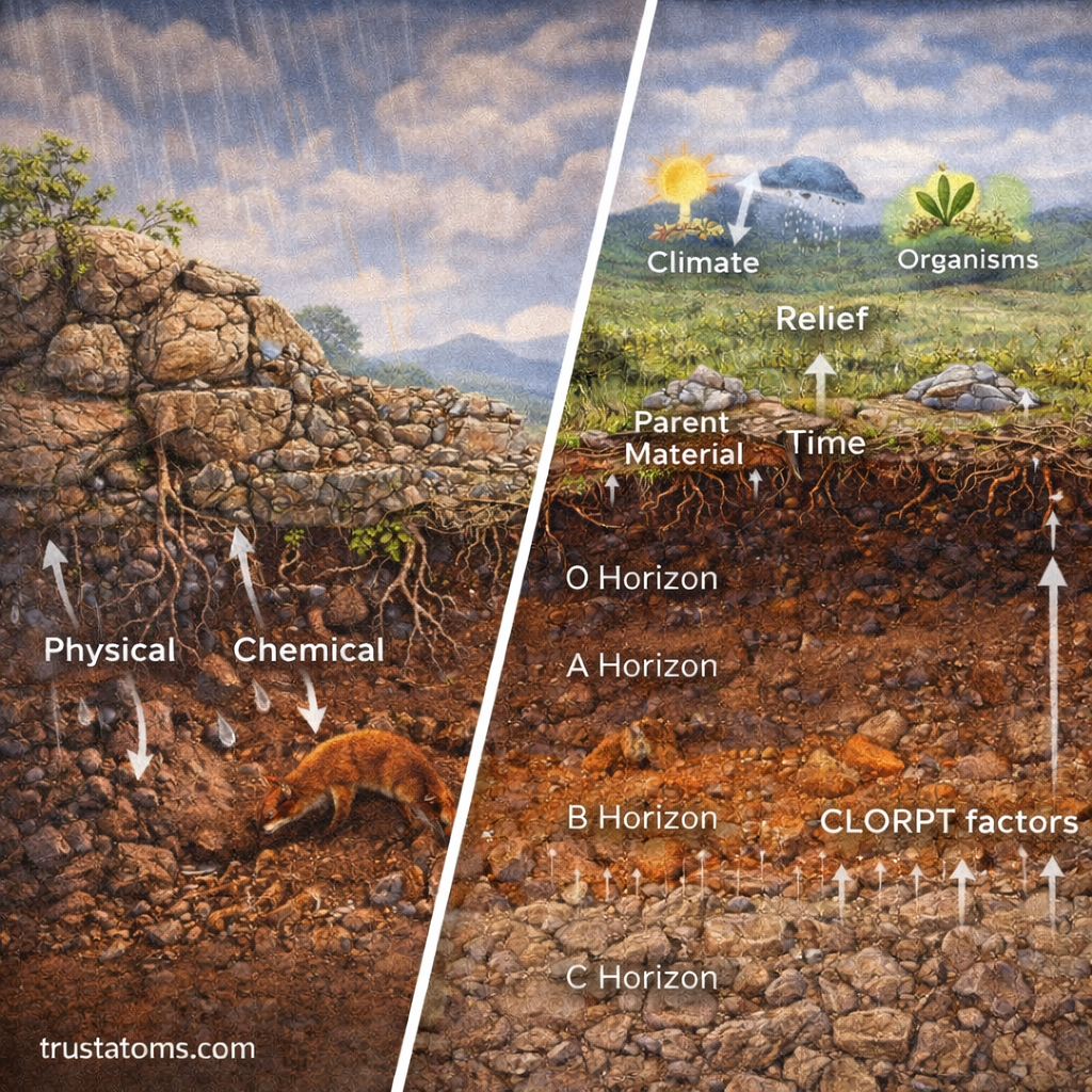 Split illustration showing rock weathering processes on one side and soil formation factors and layers on the other.
