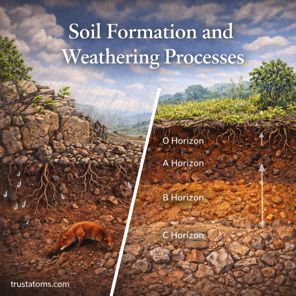 Illustration of soil formation and weathering showing rock breakdown and soil horizons layers beneath the surface.