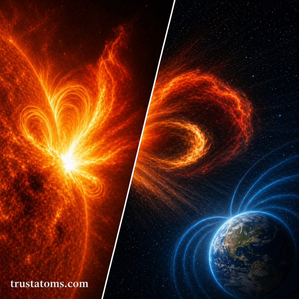 Split illustration showing a solar flare erupting from the Sun on one side and a coronal mass ejection traveling toward Earth and interacting with its magnetic field on the other.