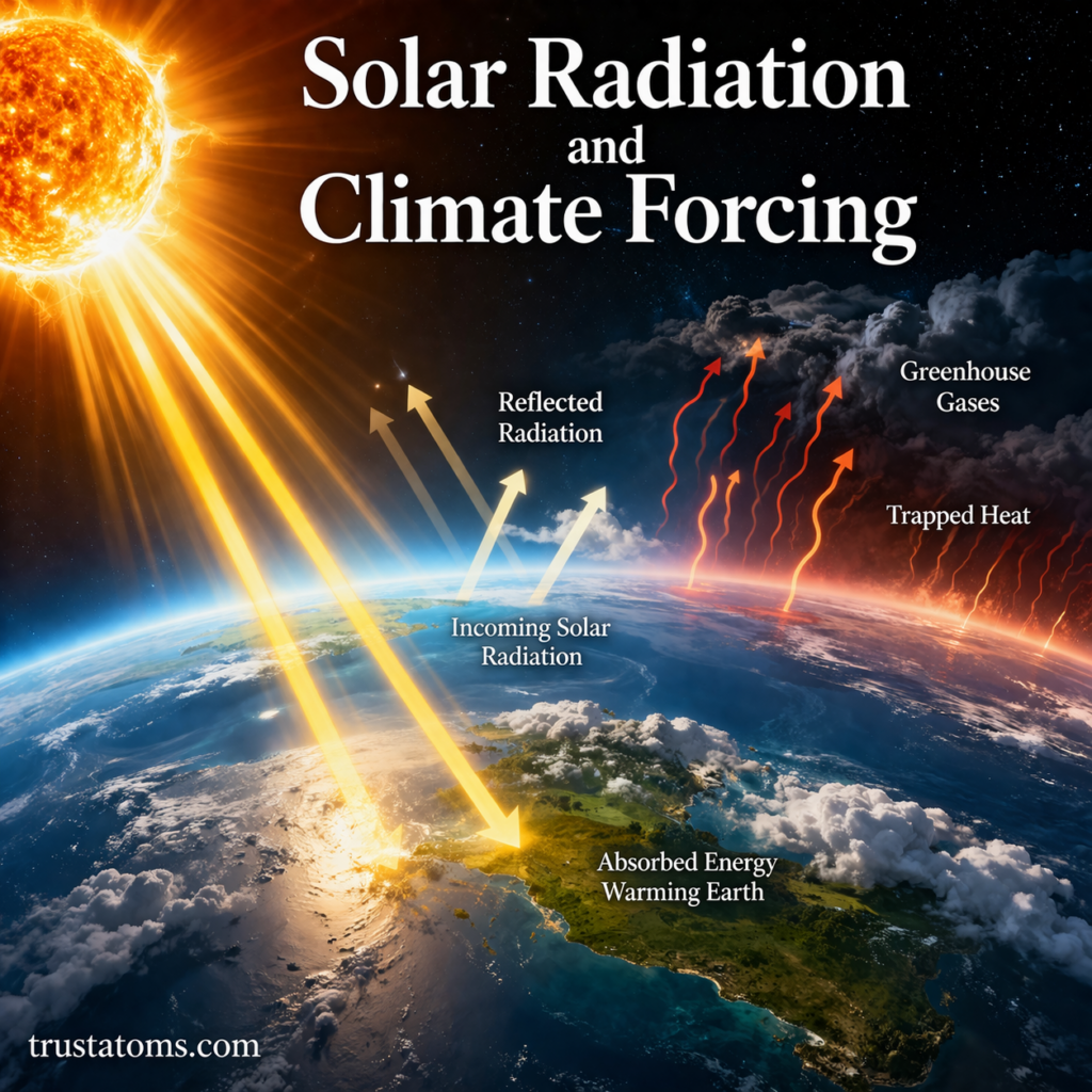 Illustration of solar radiation reaching Earth and influencing climate forcing through atmospheric energy balance.