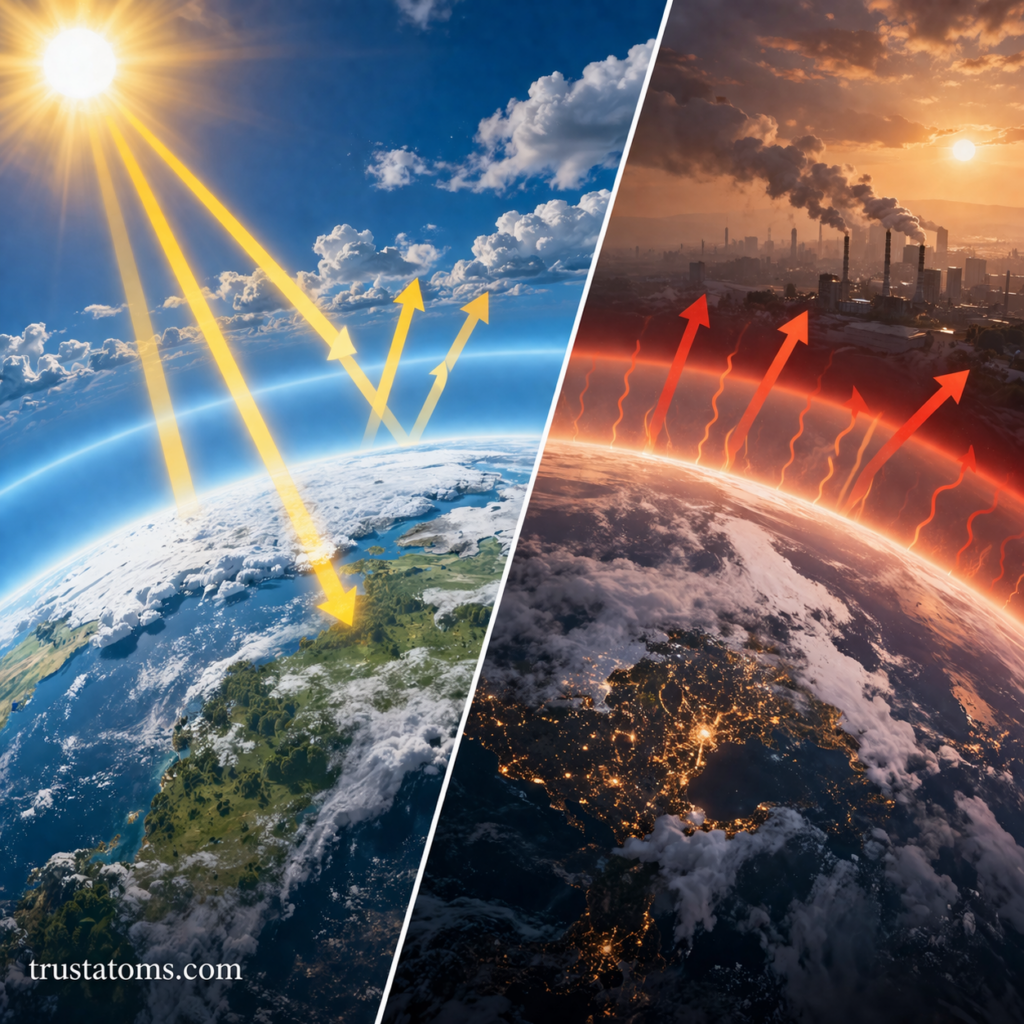 Split illustration showing solar radiation reflecting off Earth on one side and trapped heat from greenhouse gases on the other.