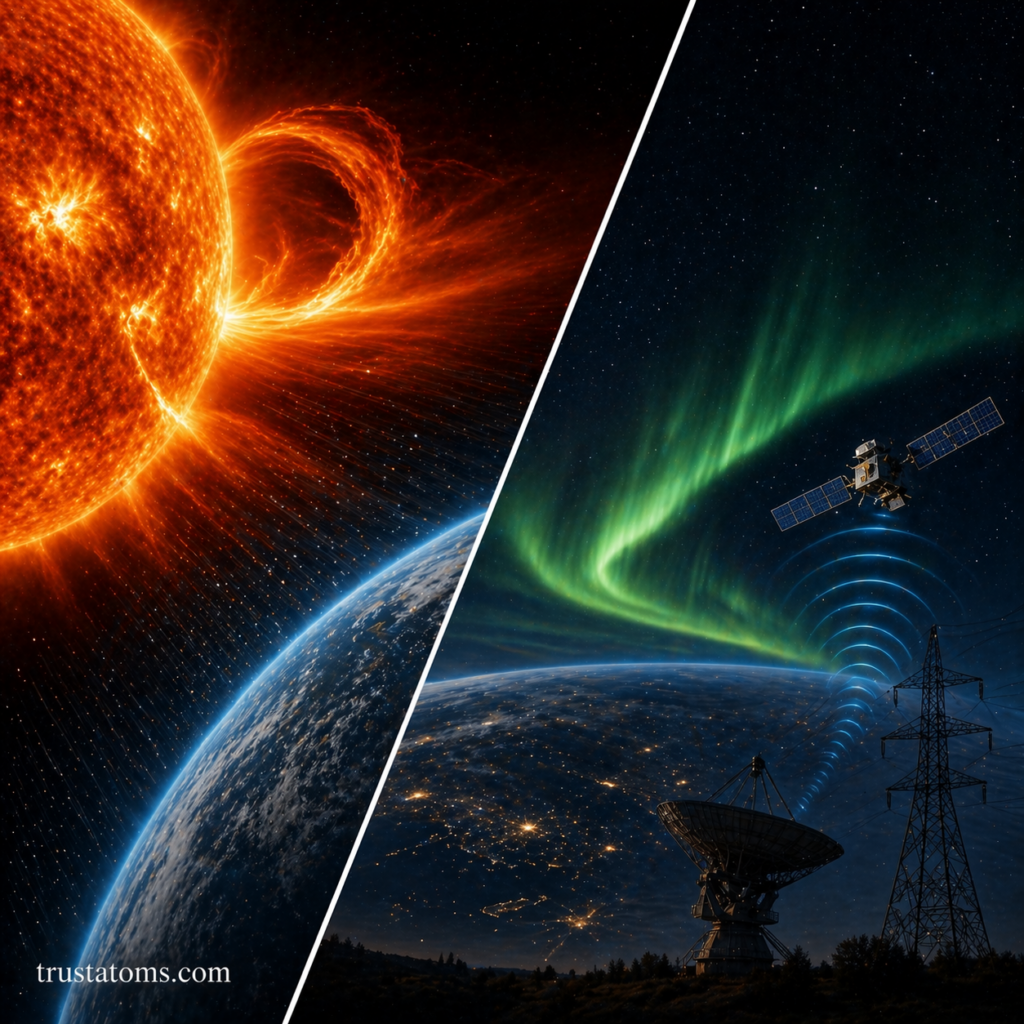 Split illustration showing solar flare activity on the Sun and its effects on Earth including auroras and satellite disruption.