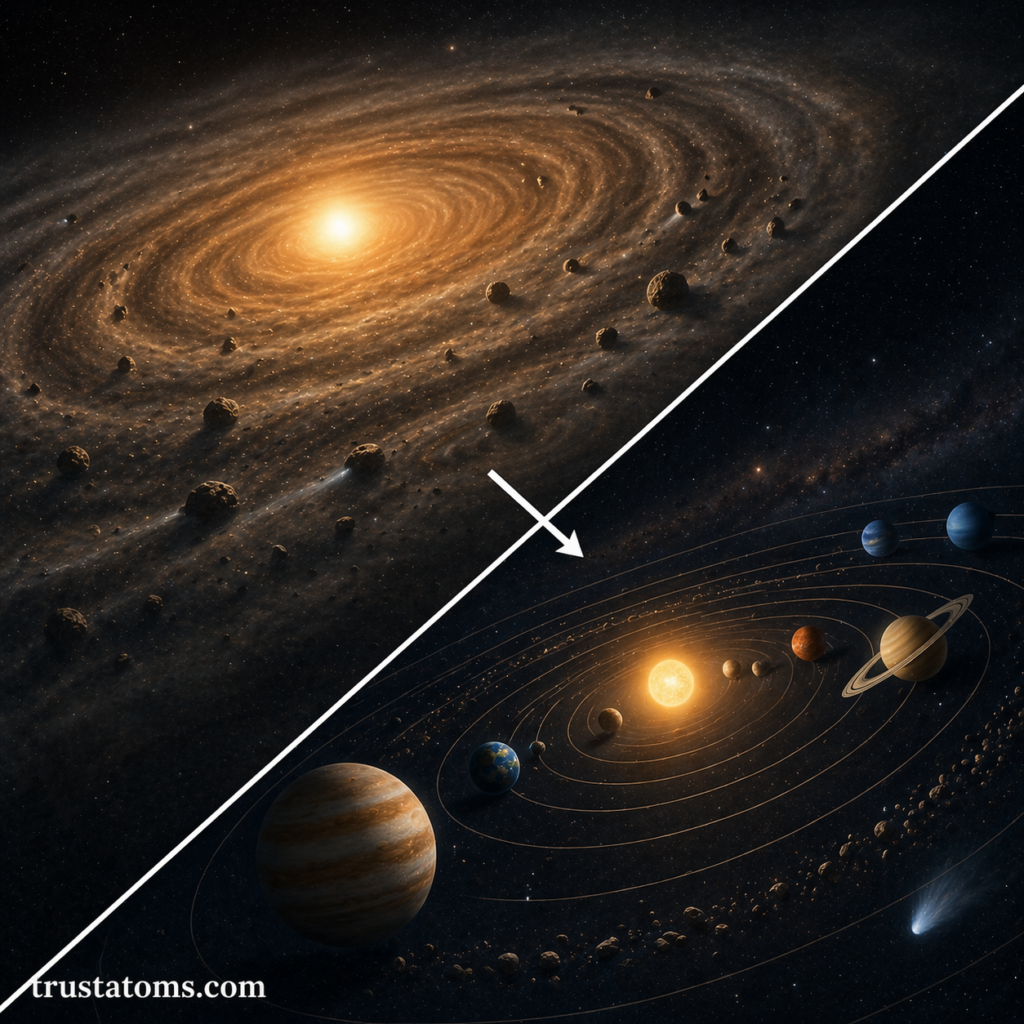 Split illustration showing a protoplanetary disk with dust and debris forming planets transitioning into a structured Solar System with planets orbiting the Sun.