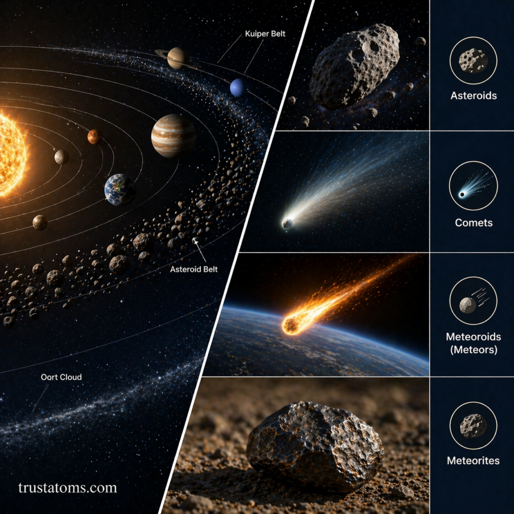 Split illustration showing solar system regions with asteroid belt and Oort Cloud alongside asteroids, comets, meteoroids, and meteorites.