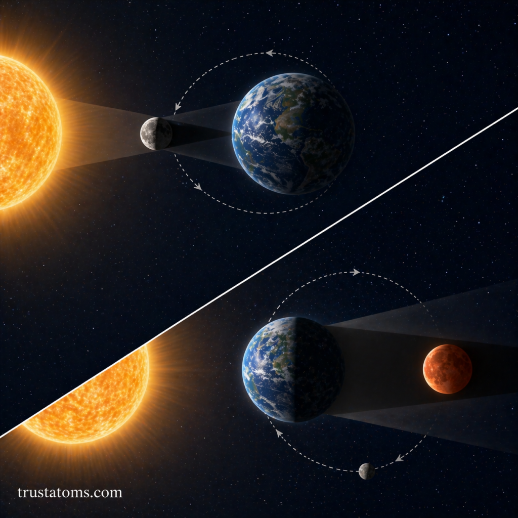 Diagonal split diagram showing a solar eclipse with the Moon blocking the Sun and a lunar eclipse with Earth casting a shadow on the Moon.