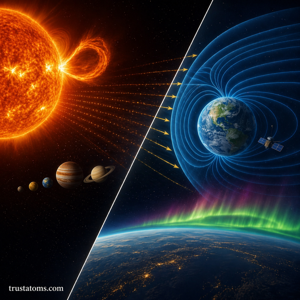 Split illustration showing solar wind from the Sun interacting with Earth’s magnetosphere and creating auroras.