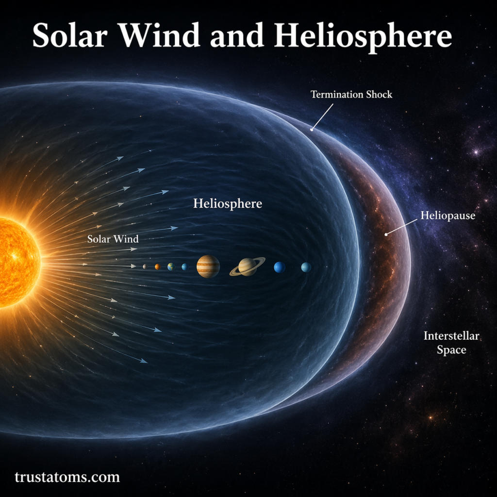 Illustration of the solar wind flowing from the Sun and forming the heliosphere with labeled regions like termination shock and heliopause.