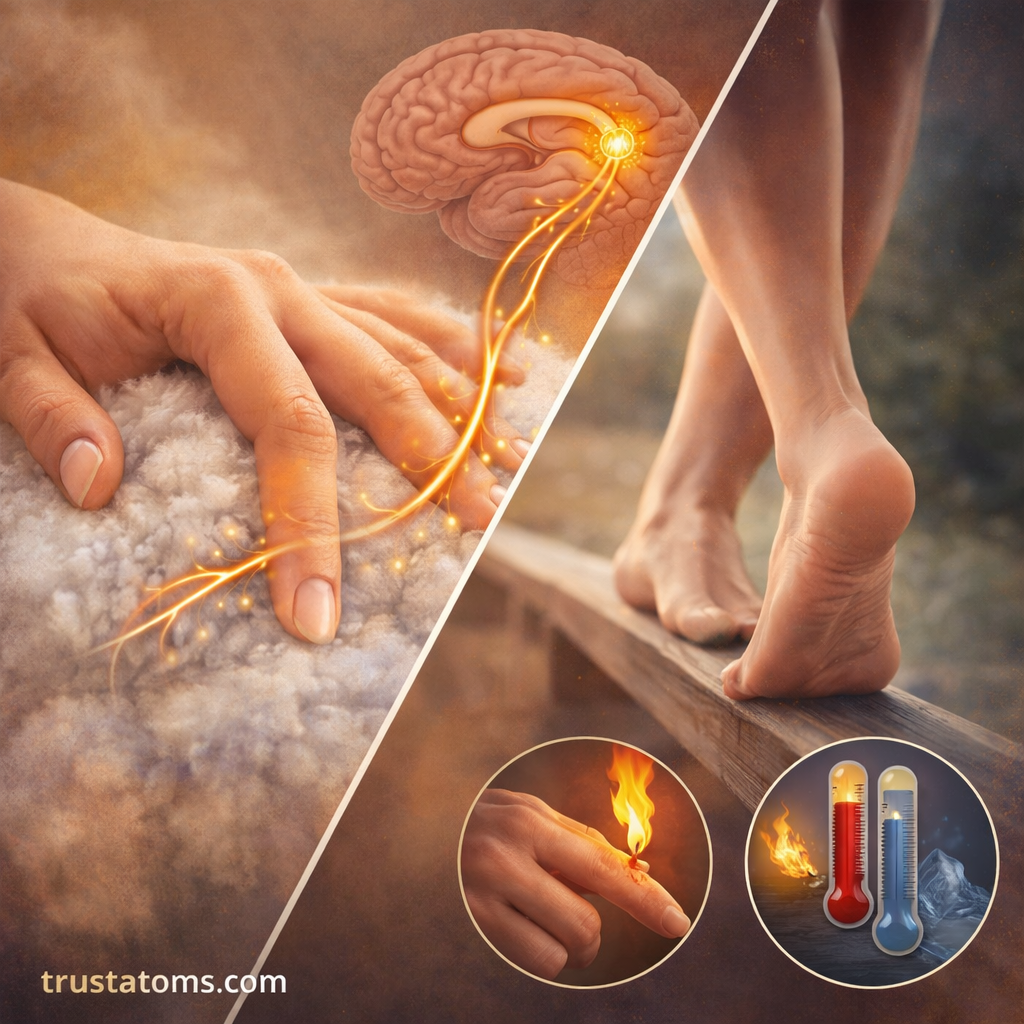 Split illustration showing hand sensing texture and foot balancing, connected to brain pathways for touch and proprioception.