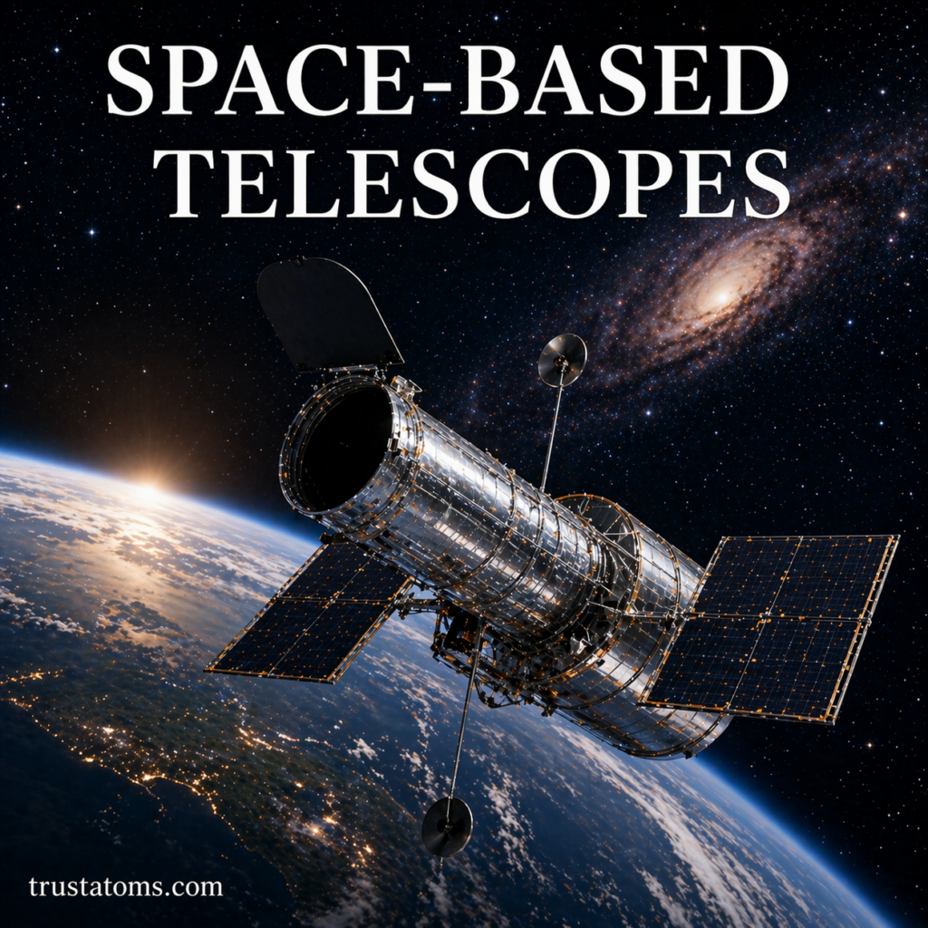 Illustration of a space-based telescope orbiting Earth capturing images of distant galaxies.