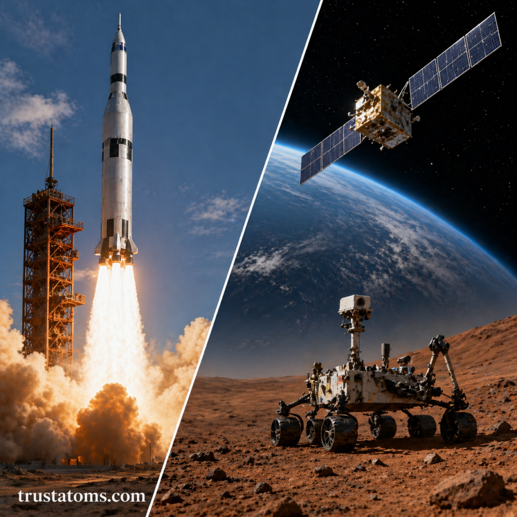 Split illustration showing a rocket launch on one side and a satellite orbiting Earth above a Mars rover on the other side.