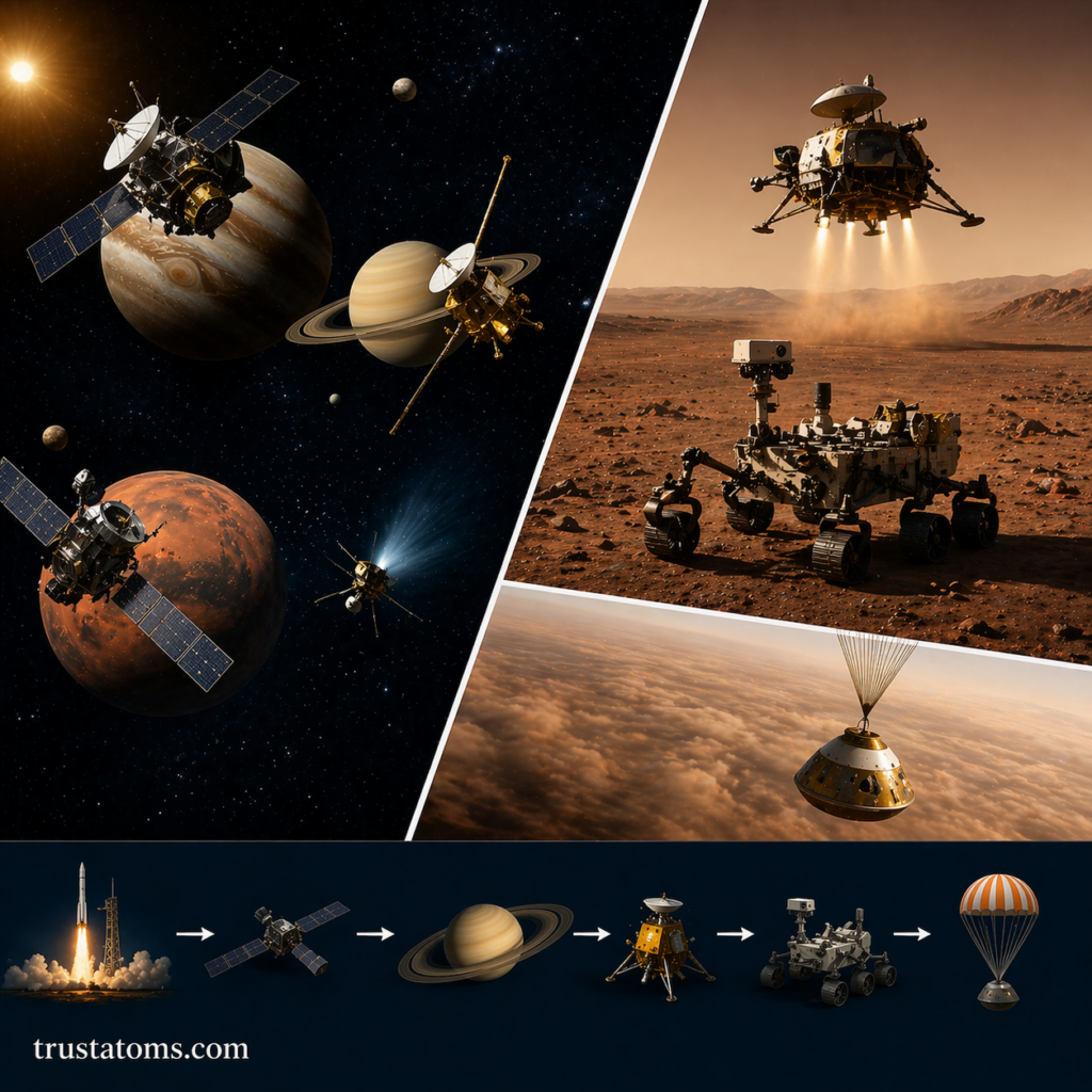Split illustration showing space probes orbiting planets and landers and rovers exploring planetary surfaces.