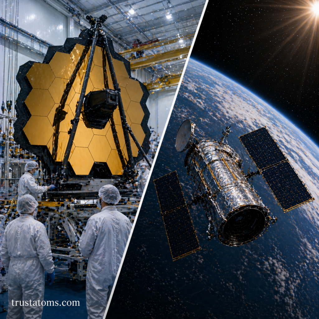Split illustration showing space telescope assembly in a cleanroom and the telescope operating in orbit above Earth.