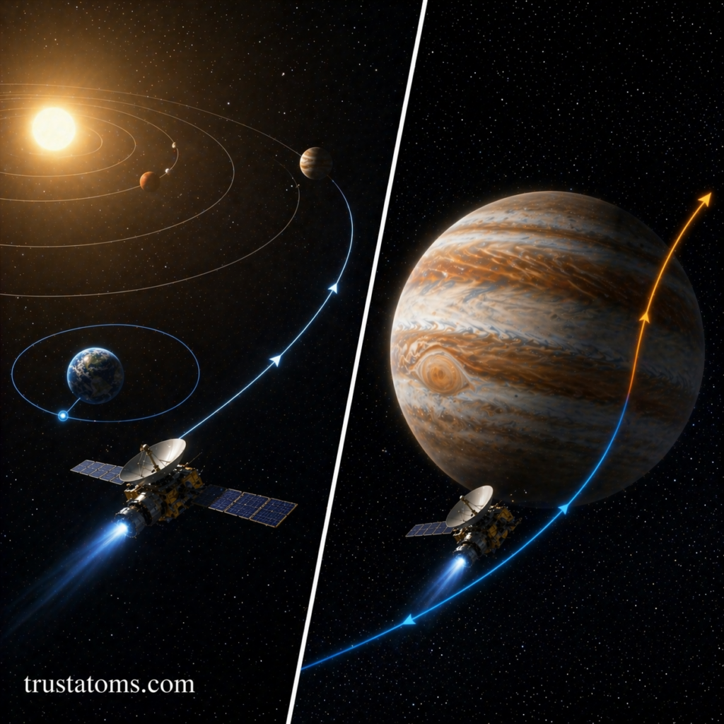Split illustration showing a spacecraft traveling from Earth and performing a gravity assist maneuver around Jupiter.