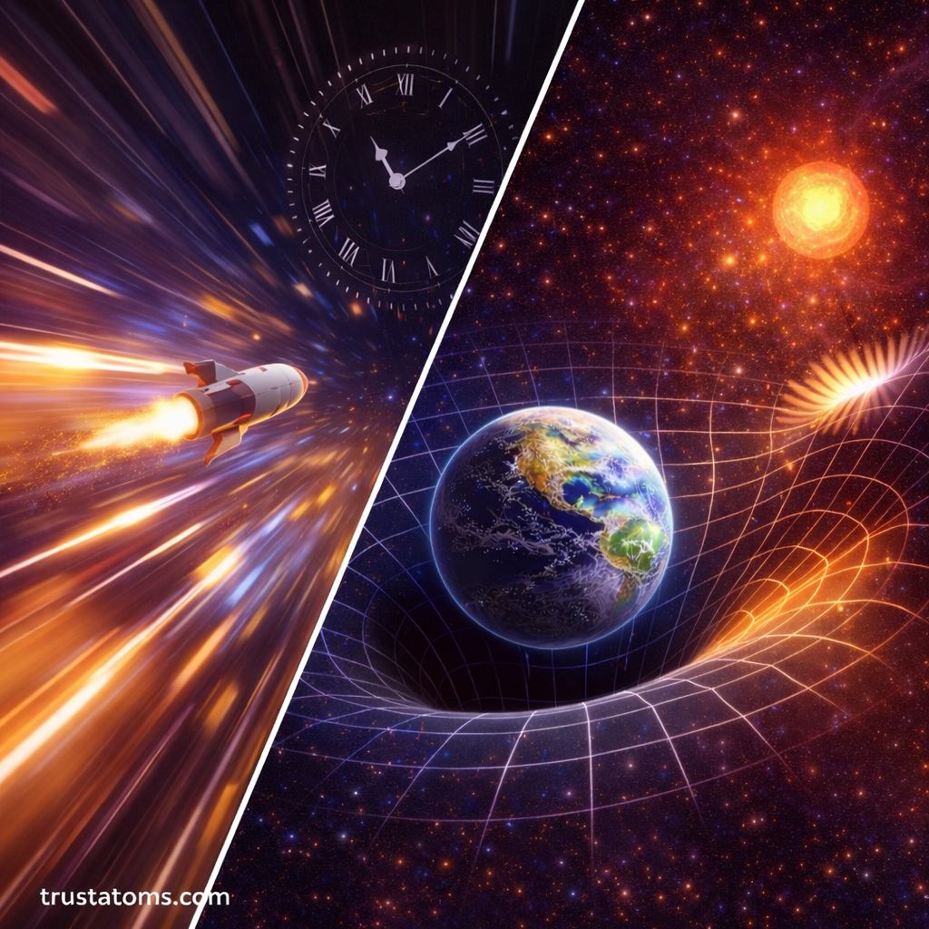 Split illustration showing a high-speed spacecraft demonstrating time dilation and Earth on a curved space-time grid showing gravitational effects.