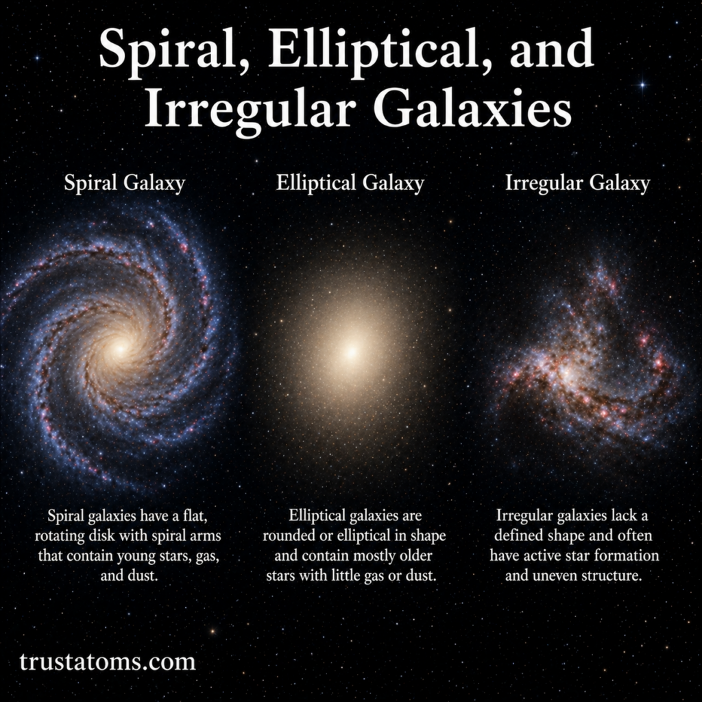 Comparison illustration showing spiral, elliptical, and irregular galaxy shapes and structures.