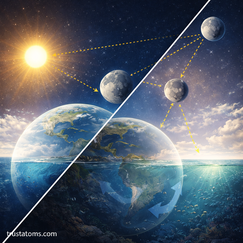 Split illustration showing spring tides with aligned Sun, Moon, and Earth and neap tides with right-angle alignment affecting ocean tides.