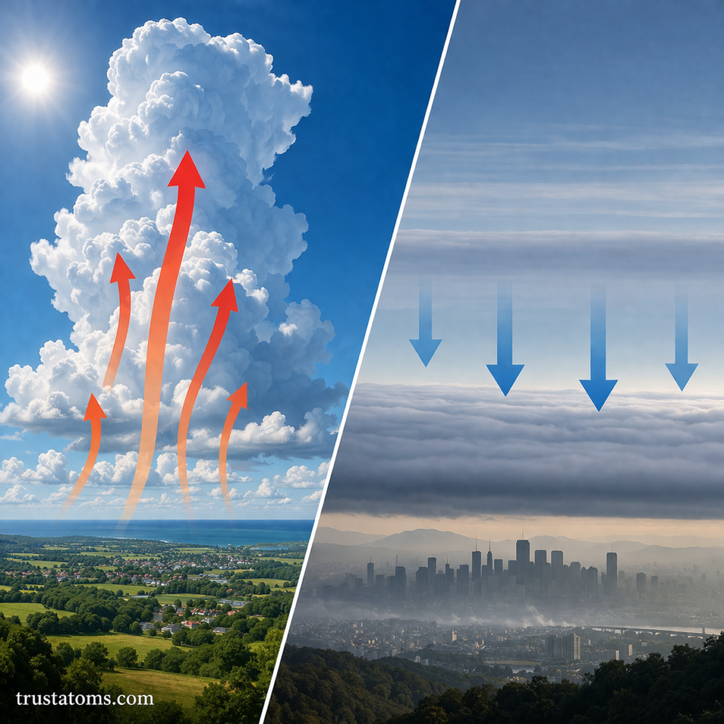 Split diagram showing unstable rising air with cumulus clouds on one side and stable sinking air with layered clouds over a city on the other.