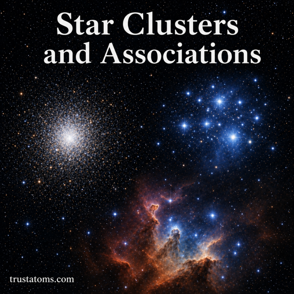 Illustration of globular and open star clusters with surrounding nebula representing stellar associations in space.