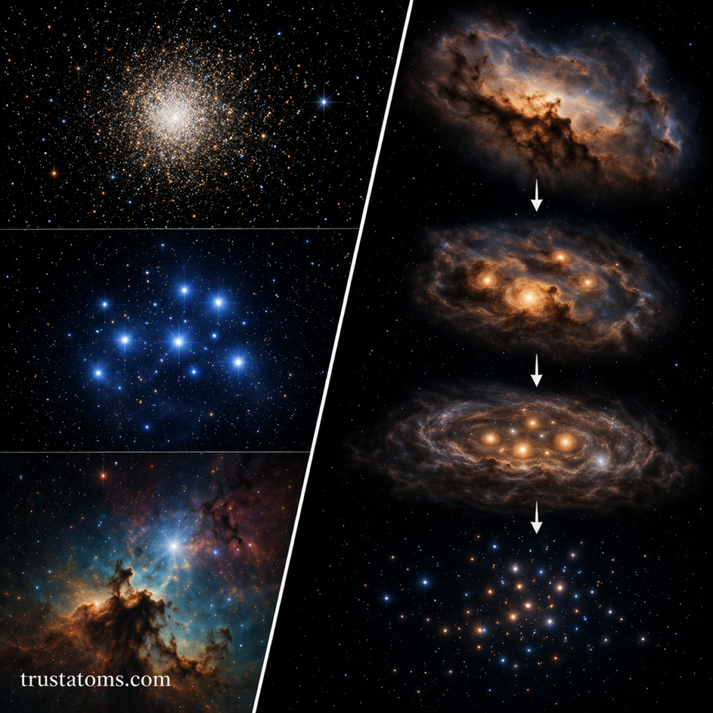 Split diagram comparing globular clusters, open clusters, and stellar associations with star formation progression.