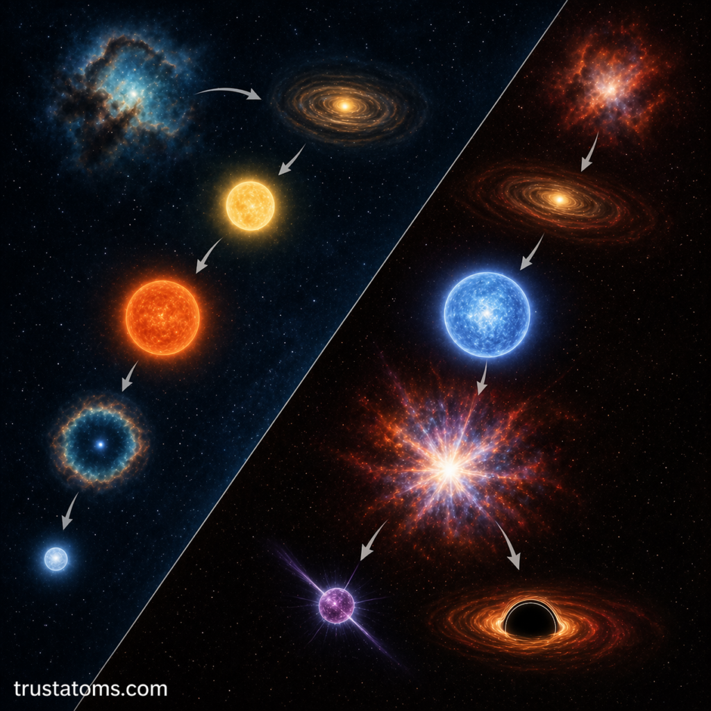 Split illustration comparing the life cycle of low-mass and high-mass stars, showing stages from nebula to white dwarf on one side and supernova to neutron star or black hole on the other.