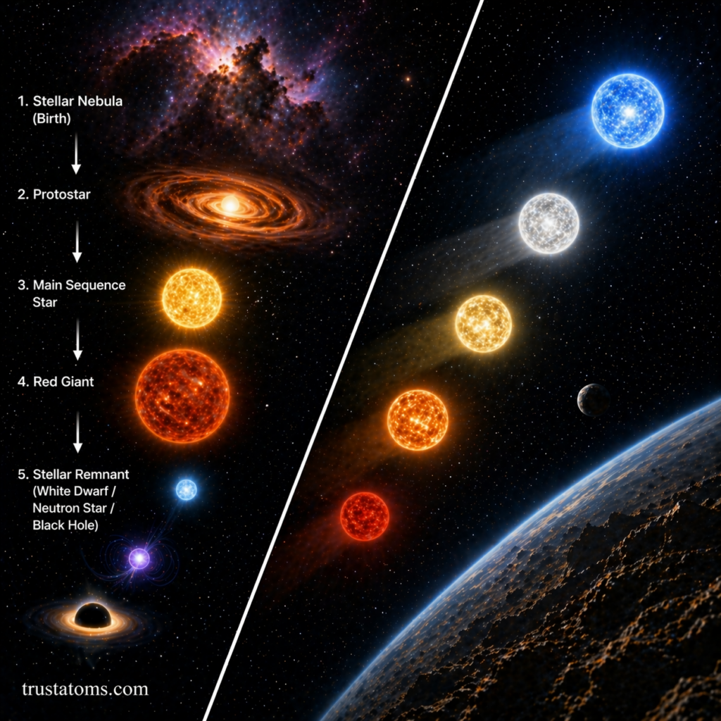 Split illustration showing the life cycle of a star from nebula to stellar remnant alongside different star types by color and size.