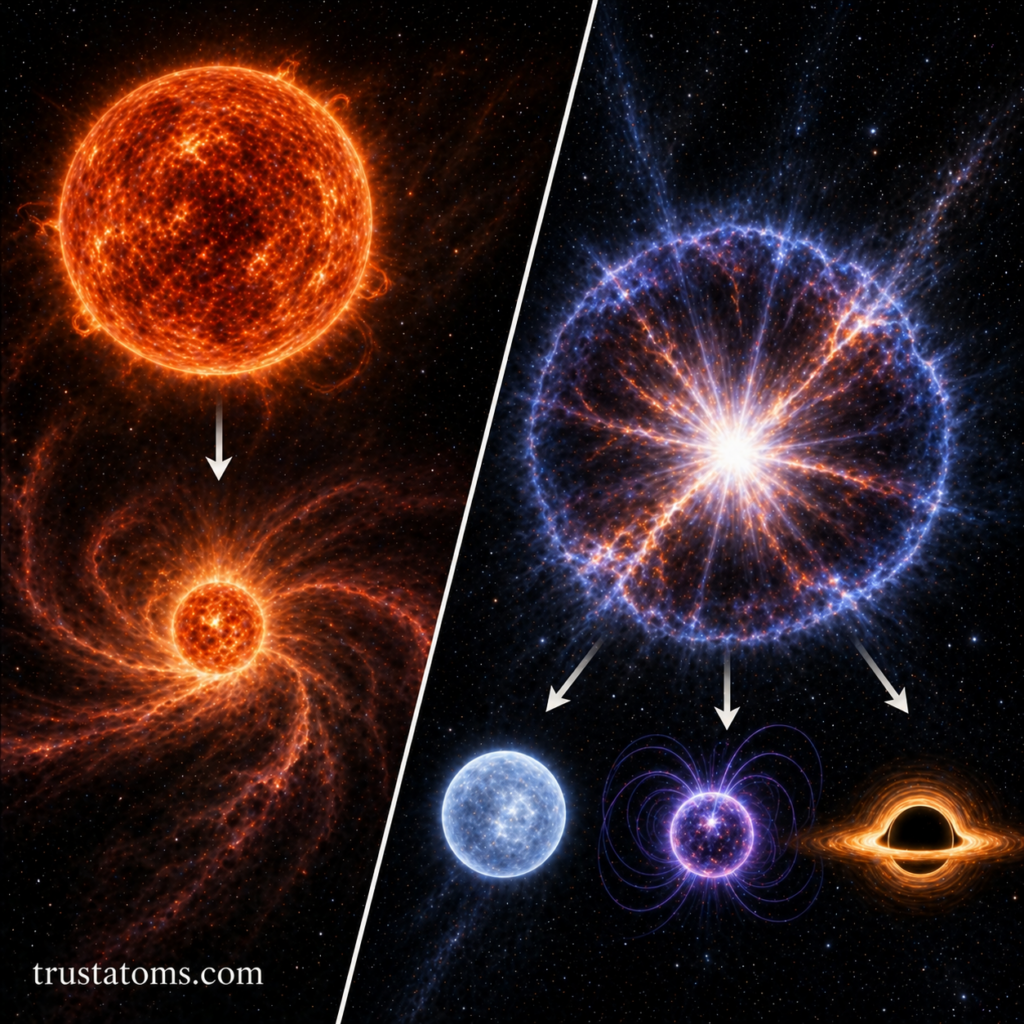 Split illustration showing a collapsing star on one side and resulting stellar remnants including a white dwarf, neutron star, and black hole on the other.