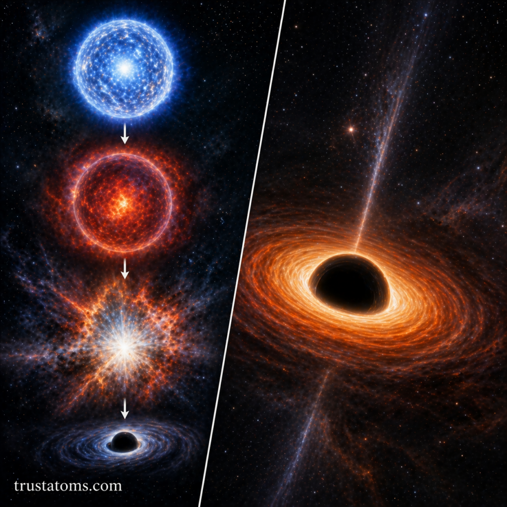 Split illustration showing a massive star collapsing into a supernova and forming a black hole with an accretion disk.