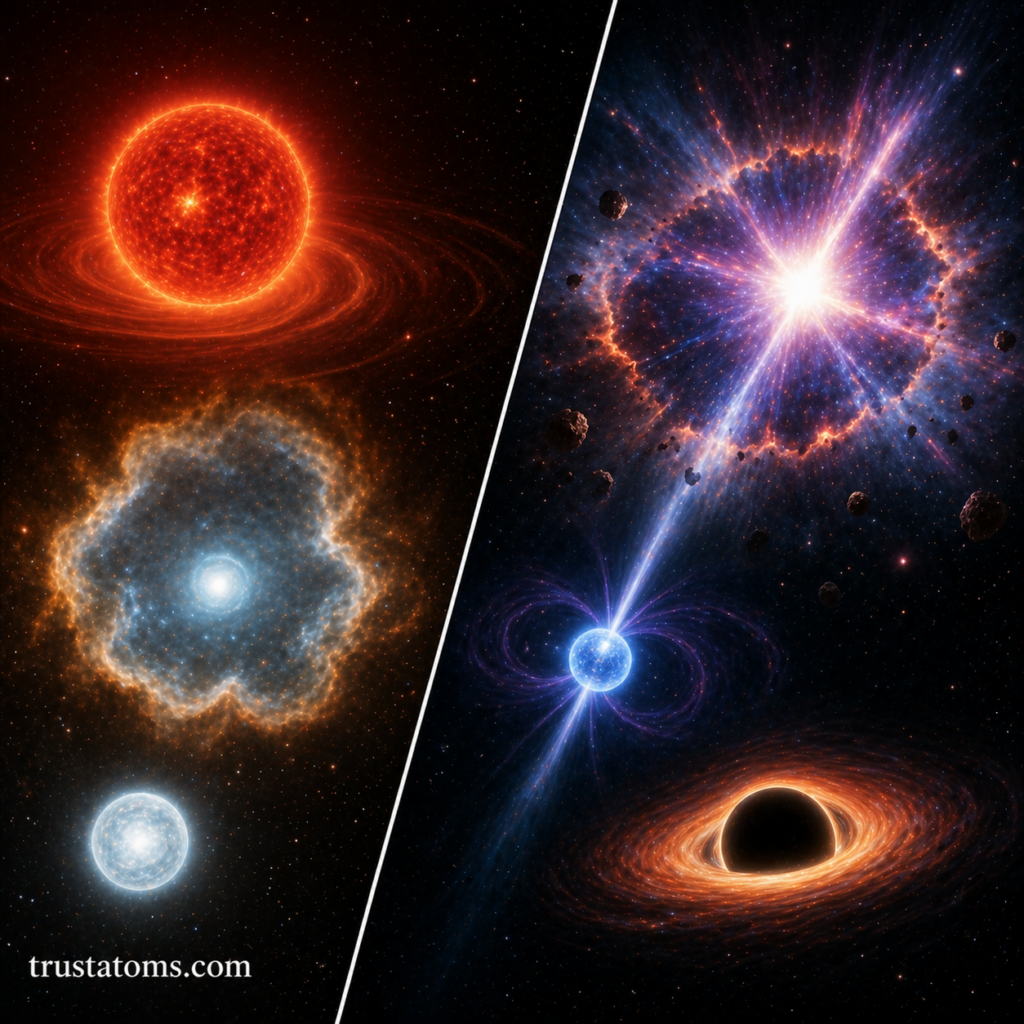Split illustration showing a red giant and white dwarf on one side and a supernova leading to a neutron star and black hole on the other.