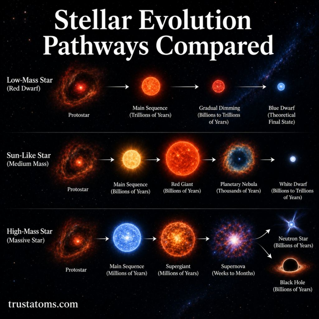 Diagram comparing the life cycles of low-mass, Sun-like, and massive stars from formation to final stages.