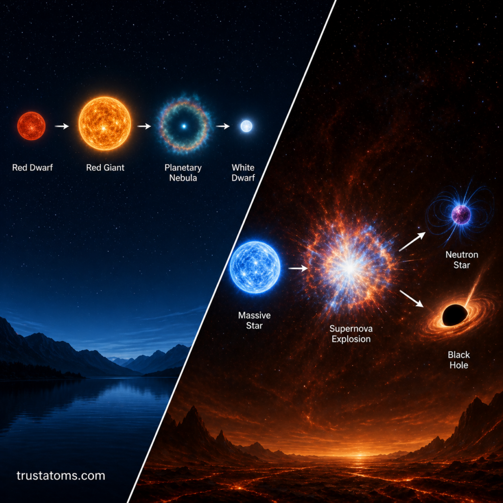 Split diagram showing the life cycle differences between low-mass stars and high-mass stars, including red giant, supernova, neutron star, and black hole stages.