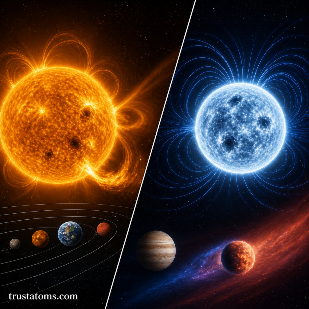 Split illustration comparing an active rotating star with solar flares and a magnetically structured star with visible field lines.