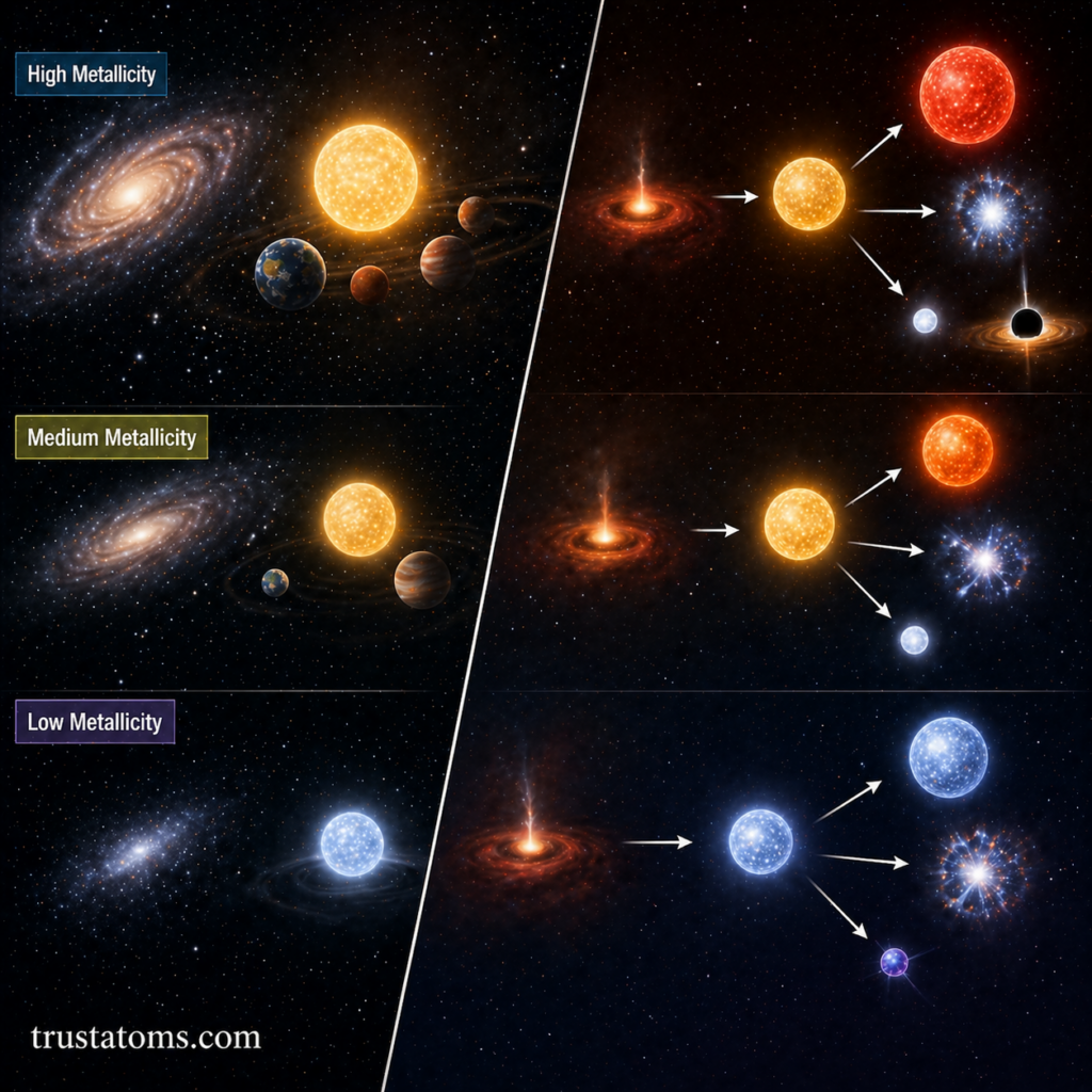 Split diagram showing high, medium, and low metallicity stars and how metallicity affects stellar evolution outcomes.